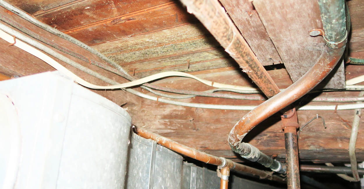 Mold remediation cleaning is needed to this entire basement wooden ceiling.